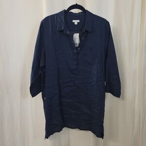 J Jill LP Large Petite 100% Linen Navy Blue 3/4 Sleeve Side Button Tunic Top